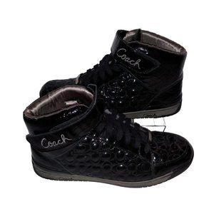 VERY RARE COACH NANETTE BLACK LEATHER C-LOGO VELCRO SNAP HIGH TOP SNEAKERS SZ 11